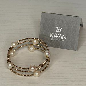 Kwan Gold Tone Hematite and White Cultured Pearl Wrap Bracelet